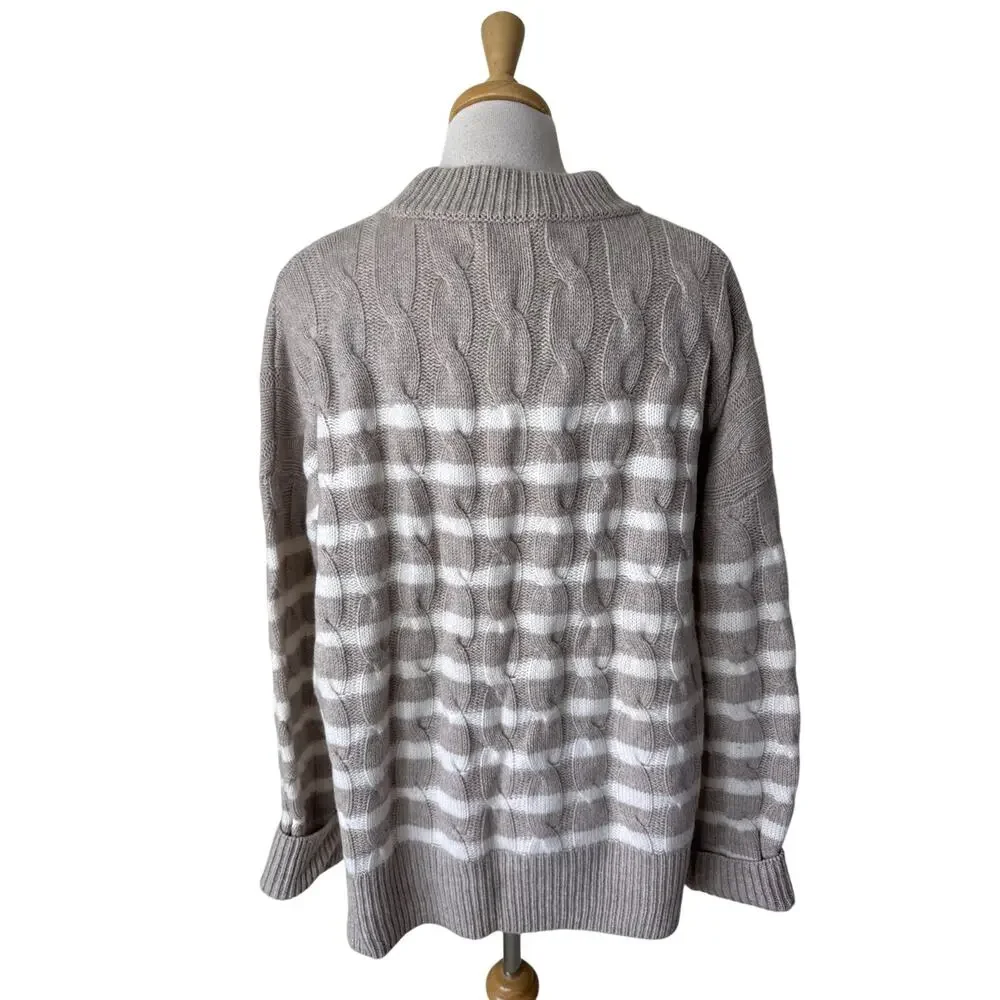 LA LIGNE Wool Cashmere Striped Cable Knit Crewneck Sweater Tan Cream Size Medium
